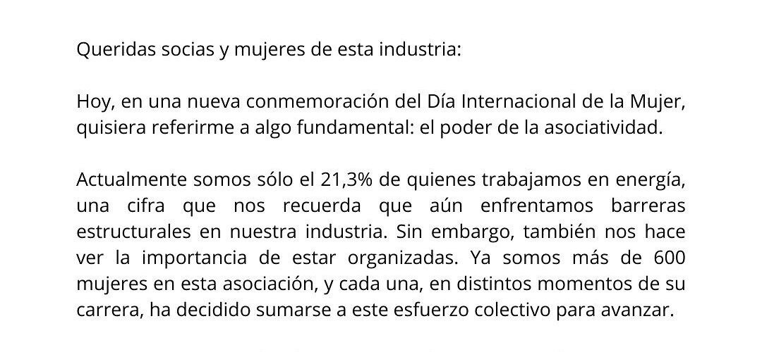 Presidenta de AME publica carta por el Día Internacional de la Mujer reafirmando compromiso con la equidad de género en energía
